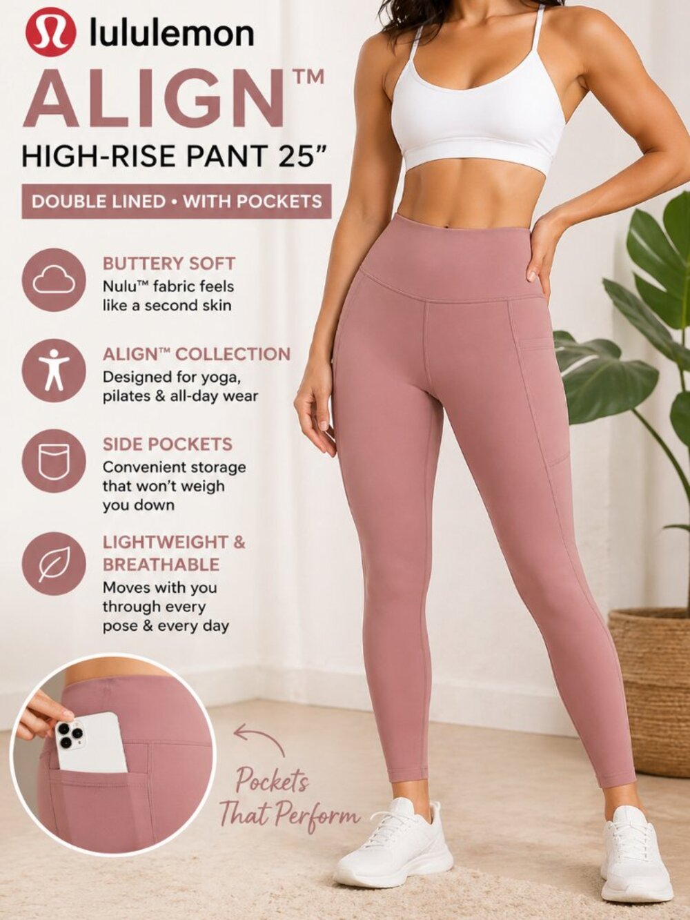 Lululemon Align 25” Leggings Sz 0 NWOT Dusty Rose Double Lined Pockets High Rise